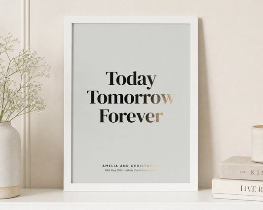 Personalised Gold Foil Couple Print, Muted Green Wall Art, Wedding Gift, Anniversary Gift, Today Tomorrow Forever Print