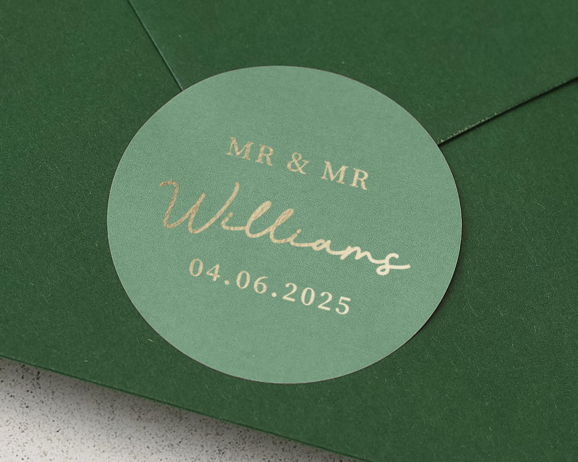 Mr And Mr Wedding Sticker, Personalised Wedding Envelope Seal, Green Gold Foil, Custom Wedding Label, Gay Wedding Sticker, Name Date Sticker