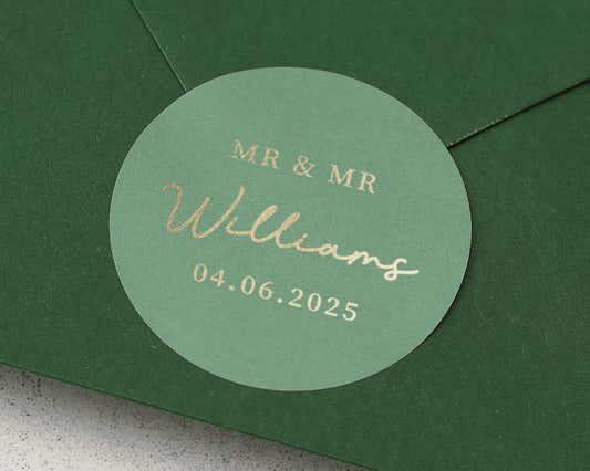 Mr And Mr Wedding Sticker, Personalised Wedding Envelope Seal, Green Gold Foil, Custom Wedding Label, Gay Wedding Sticker, Name Date Sticker