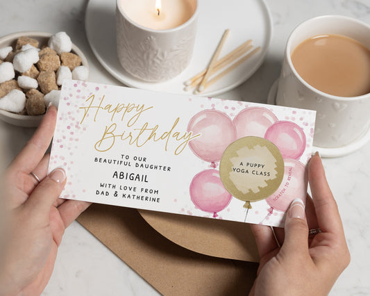 Personalised Birthday Gift Voucher for Daughter, Puppy Yoga Class, Scratch to Reveal, Custom Birthday Gift