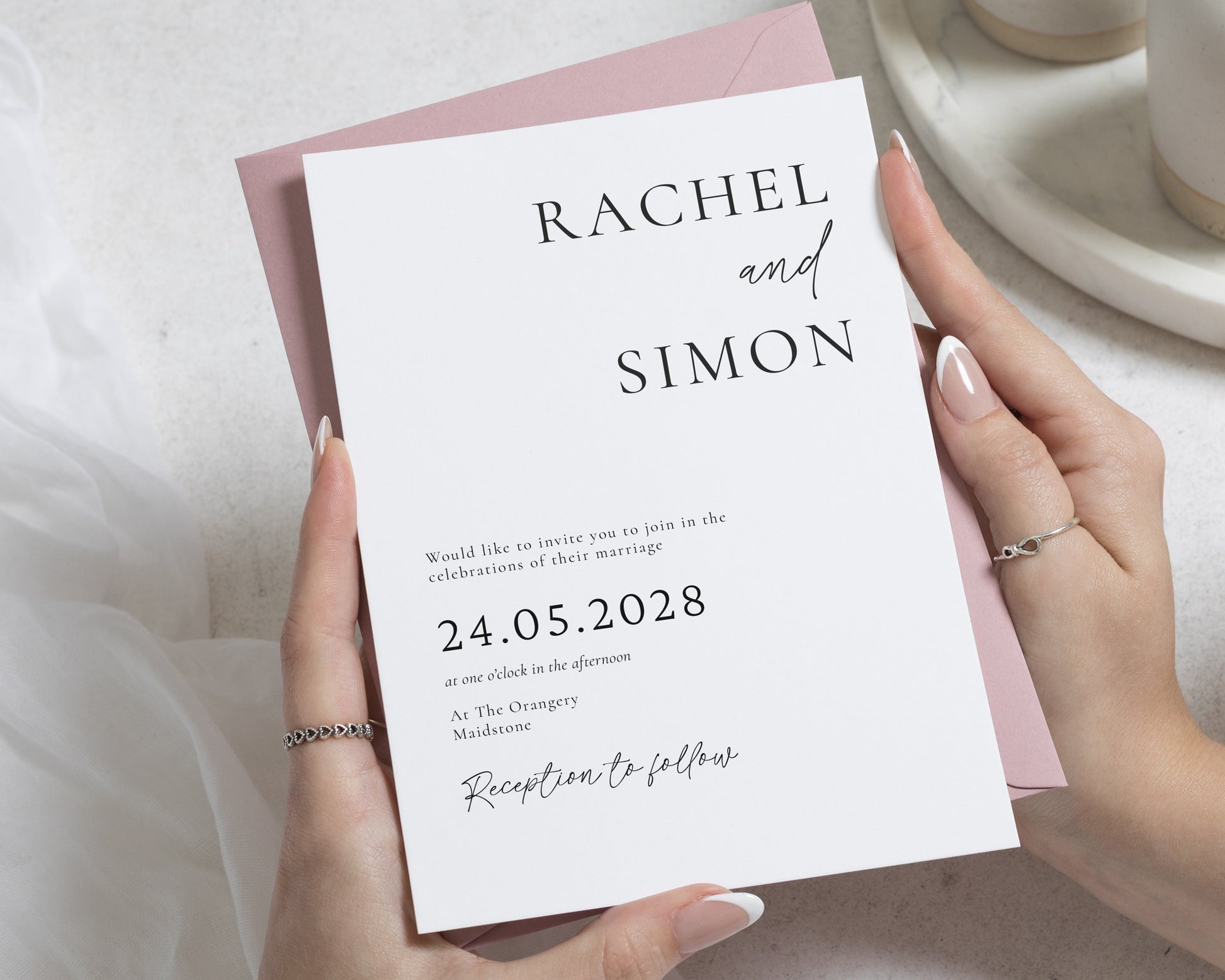 Minimalist Wedding Invitations, Blush Pink Wedding Invite, Elegant Typography Wedding Invitation Suite, Personalised Invite Set