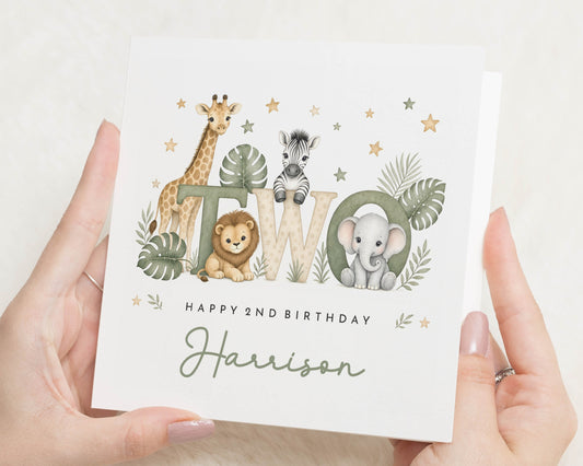 Personalised 2nd Birthday Card, Safari Birthday Card, Jungle Animal Birthday Card, 2nd Birthday Cards for Boy, Girls Birthday Card