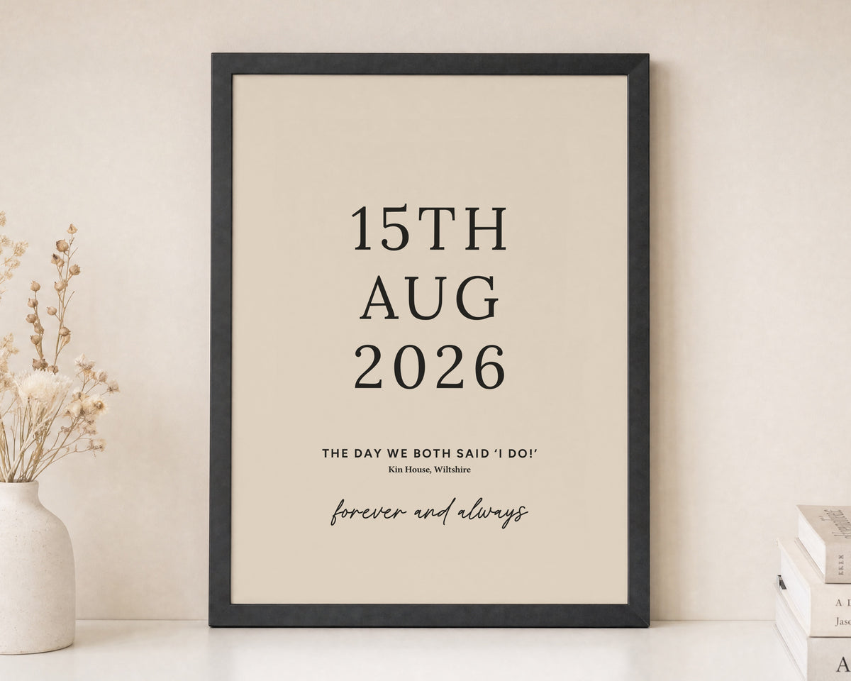 Personalised Wedding Date Print, Ivory Wall Art, Anniversary Gift, Gift for Couple, Romantic Bedroom Wall Art, Black Framed Print