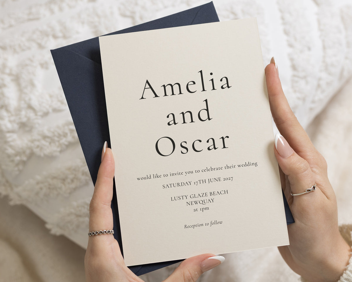 Ivory Wedding Invitations with Navy Envelopes, Minimalist Wedding Invites, Elegant Typography Stationery, Personalised