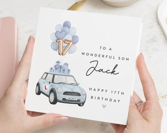 17th Birthday Card for Son, Personalised Birthday Card for Boy, Car Birthday Card, 17th Birthday Card for Him, Blue Car Birthday Card