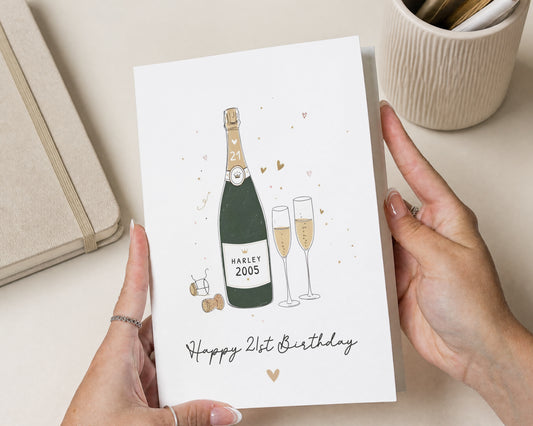21st Birthday Card, Personalised 21st Birthday Card, 21st Birthday Card for Her, Birthday Card for Him, Champagne Birthday Card