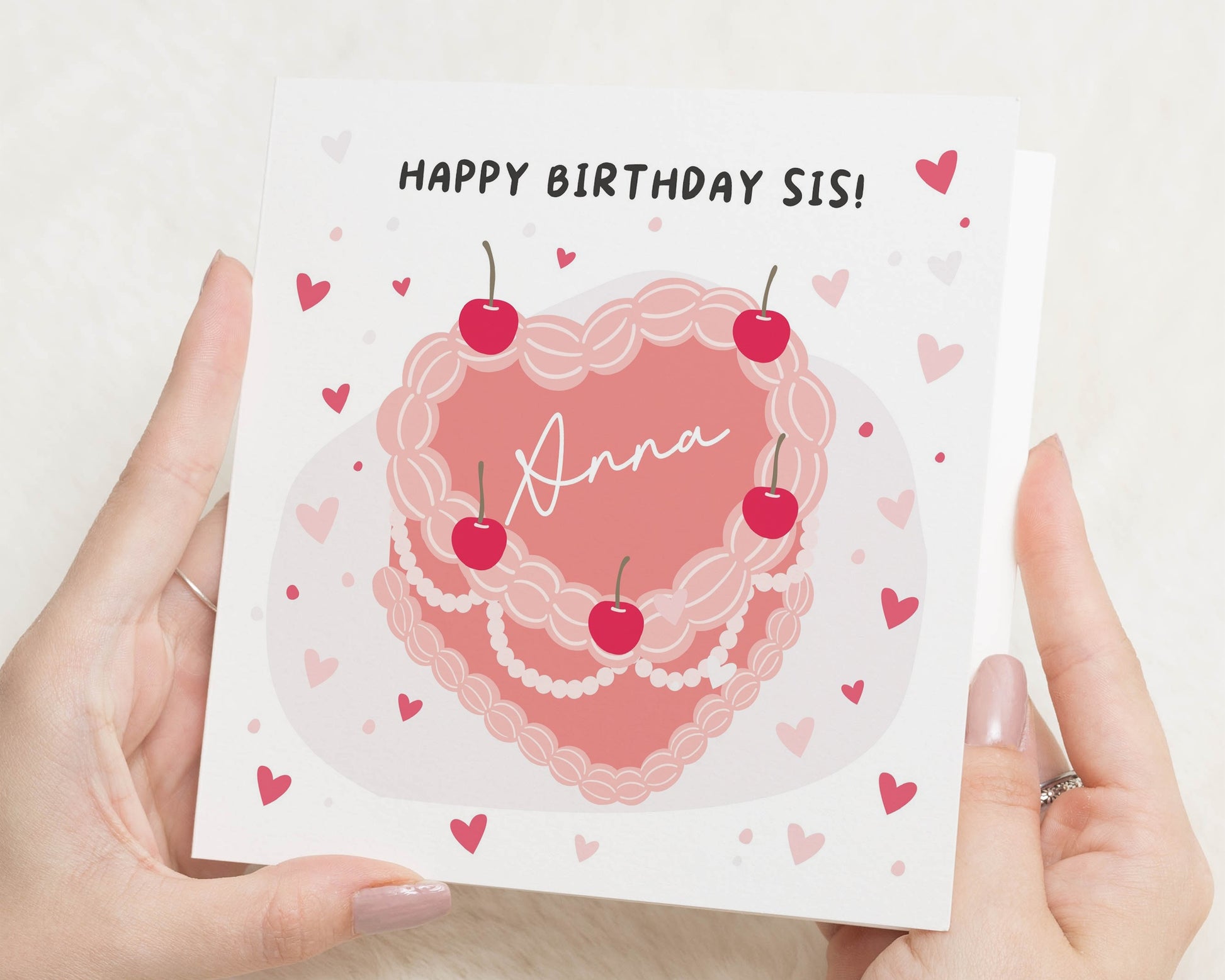 Birthday Card for Sister, Personalised Birthday Card, Cute Birthday Card for Her, Heart Cake Birthday Card, Custom Name Birthday Card