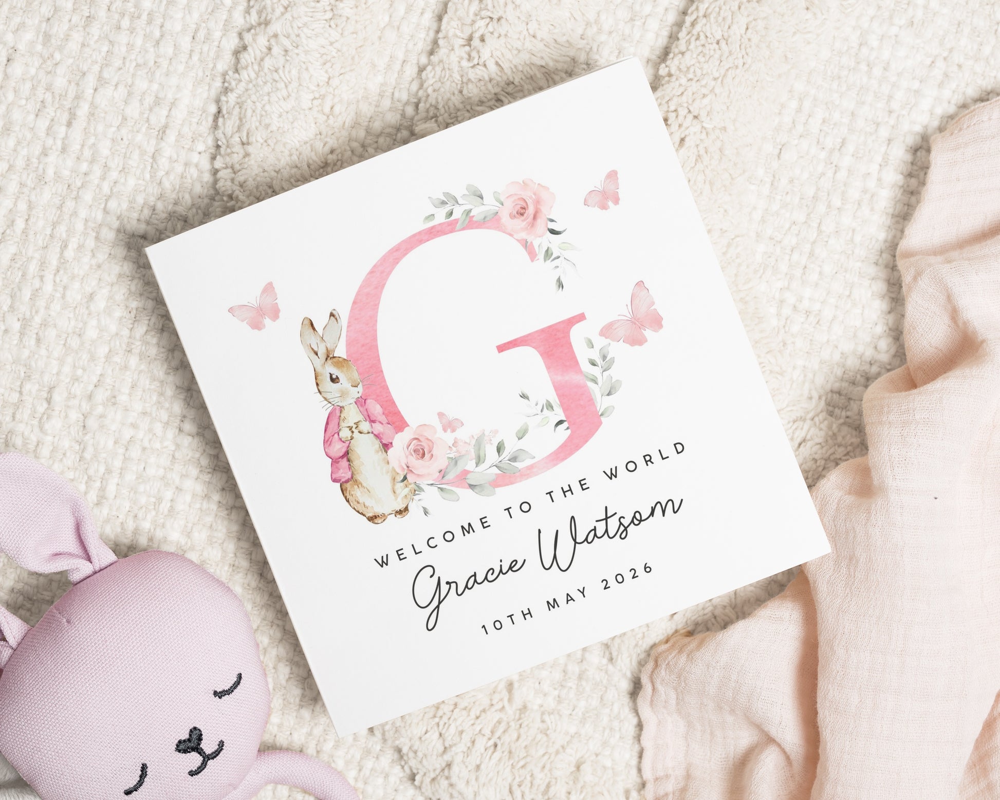 New Baby Card, Personalised Baby Girl Card, Bunny New Baby Card, Welcome To The World Card, Floral Baby Card, Baby Girl Gift