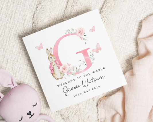 New Baby Card, Personalised Baby Girl Card, Bunny New Baby Card, Welcome To The World Card, Floral Baby Card, Baby Girl Gift