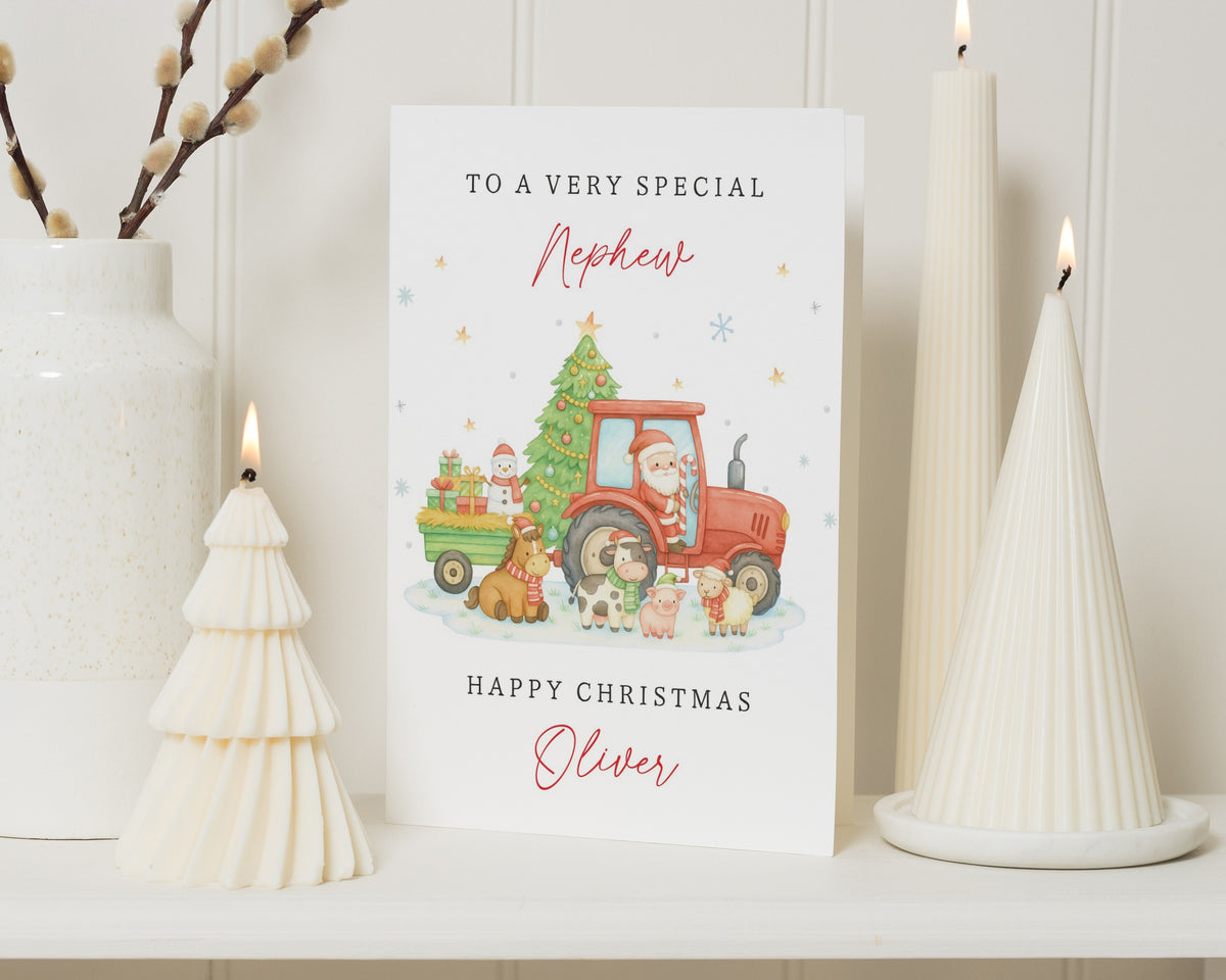 Christmas Card for Nephew, Personalised Nephew Christmas Card, Cute Christmas Card for Boy, Tractor Christmas Card, Santa Card