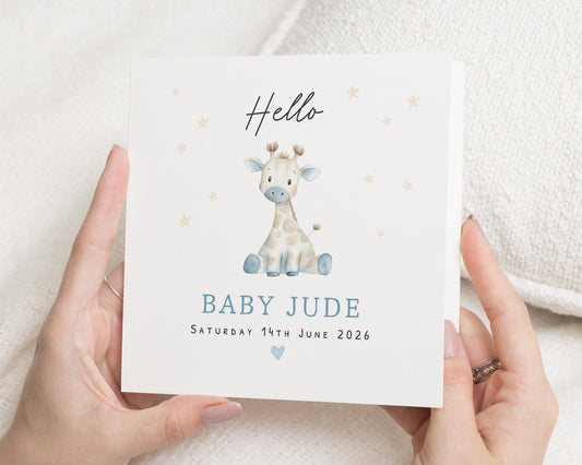 Personalised New Baby Card, Baby Boy Card, Giraffe Card, Custom Baby Name Card, Baby Shower Card, Christening Card, Cute Animal Card
