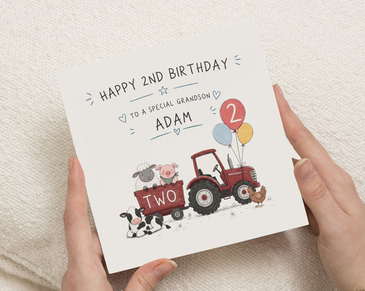 2nd Birthday Card for Grandson, Grandson 2nd Birthday Card, Personalised Birthday Card for Boy, Farm Tractor Birthday Card, Age 2 Card