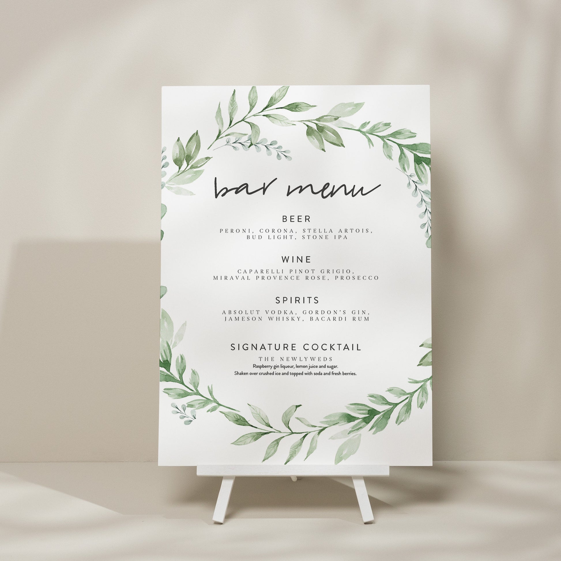 Greenery Wedding Drink Menu Sign, Minimalist Bar Menu Sign, Eucalyptus Drink Sign, Elegant Drink Menu, Foliage Design &#39;Amelia&#39;