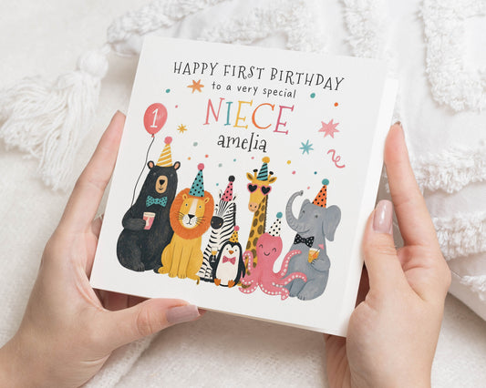 Personalised 1st Birthday Card for Niece, First Birthday Card for Girl, Safari Animal Birthday Card, Cute Jungle Birthday Card
