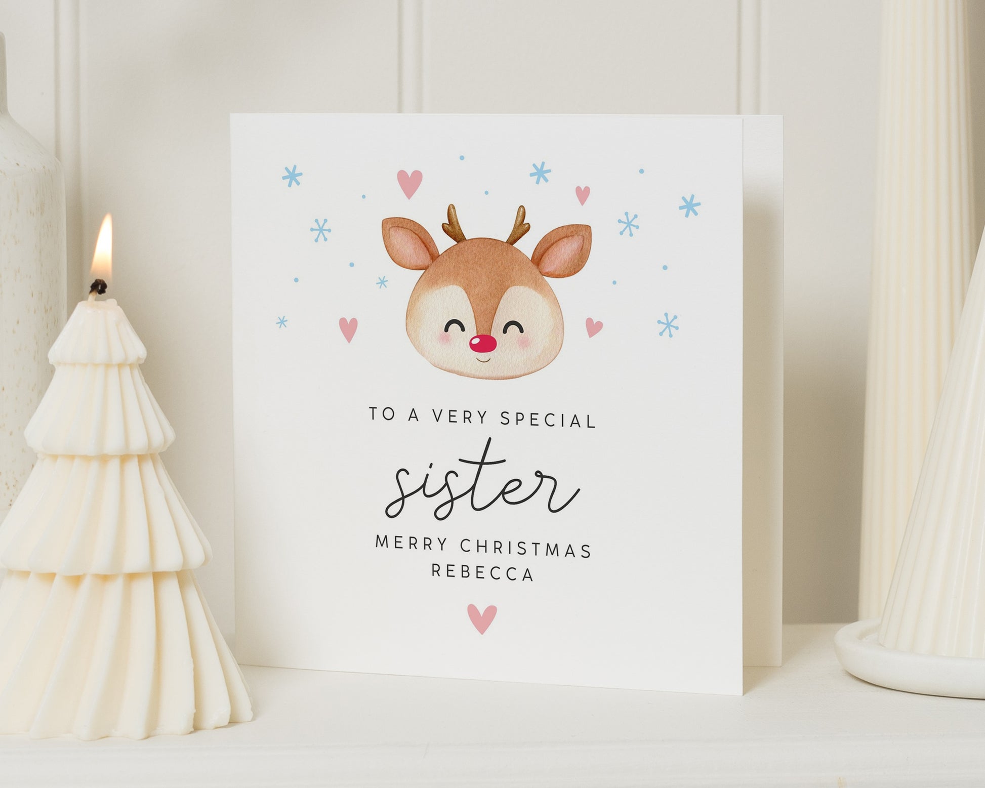 Christmas Card for Sister, Personalised Reindeer Christmas Card, Merry Christmas Card for Her, Cute Sister Christmas Card