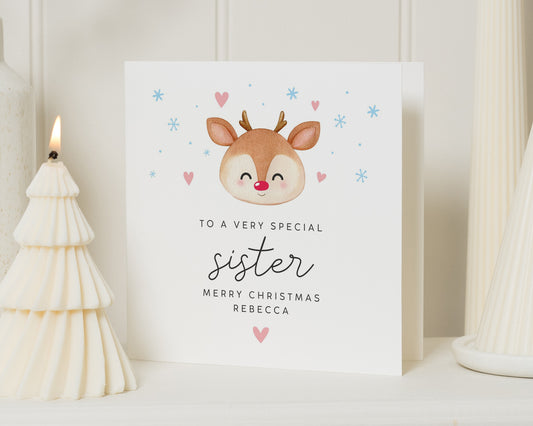 Christmas Card for Sister, Personalised Reindeer Christmas Card, Merry Christmas Card for Her, Cute Sister Christmas Card
