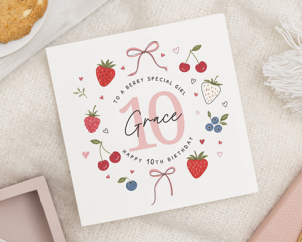 10th Birthday Card for Girl, Personalised 10th Birthday Card, Age 10 Birthday Card, Birthday Card for Daughter, Cute Berry Card, Fruit Card