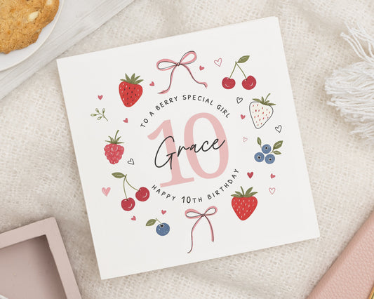 10th Birthday Card for Girl, Personalised 10th Birthday Card, Age 10 Birthday Card, Birthday Card for Daughter, Cute Berry Card, Fruit Card