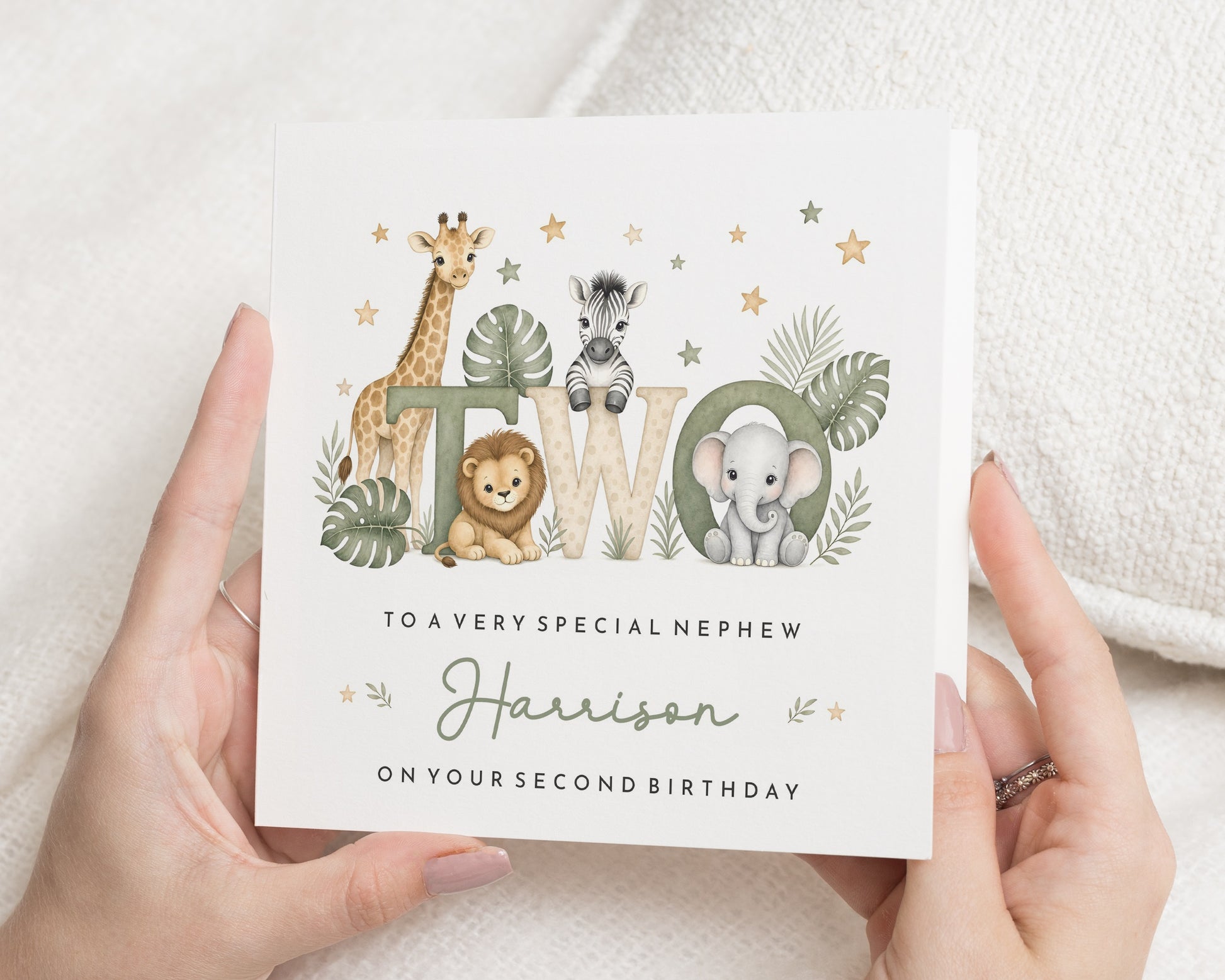 2nd Birthday Card for Nephew, Second Birthday Card for Boy, Personalised Safari Birthday Card, Jungle Animal Birthday Card, Age 2 Card