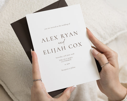 Minimalist Wedding Invitations, Elegant Typography Wedding Invite, Brown and Ivory Classic Personalised Invitation Suite