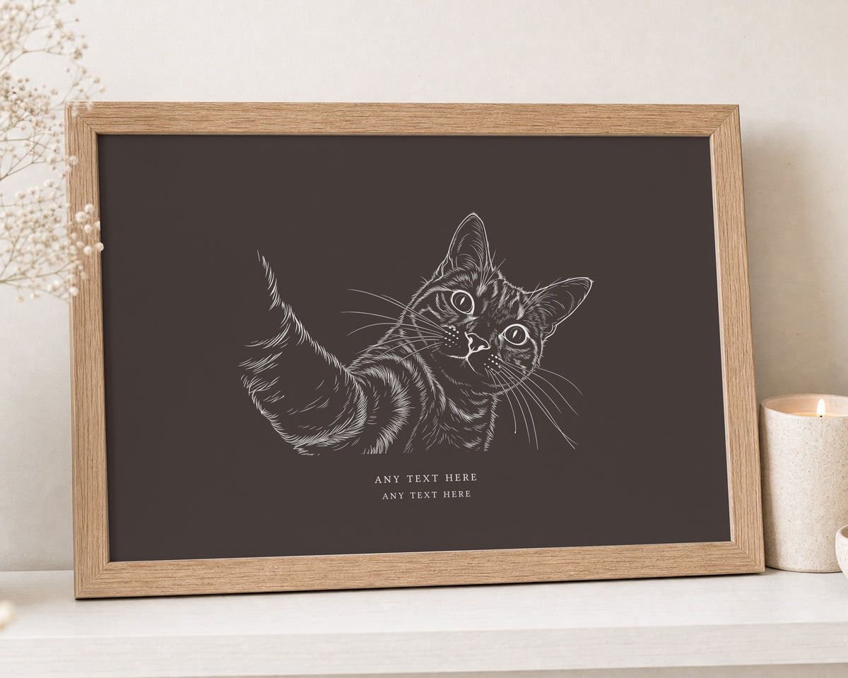Personalised Cat Illustration Print, Dark Brown Wall Art, Custom Text Pet Print, Cat Lover Gift, Pet Memorial Gift, Landscape Art