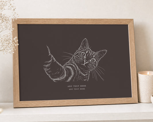 Personalised Cat Illustration Print, Dark Brown Wall Art, Custom Text Pet Print, Cat Lover Gift, Pet Memorial Gift, Landscape Art