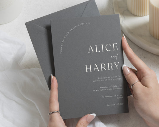 Pewter Wedding Invitations, Warm Grey Wedding Invites, Minimalist Typography, Elegant Formal Wedding Stationery, Custom Wedding Invites