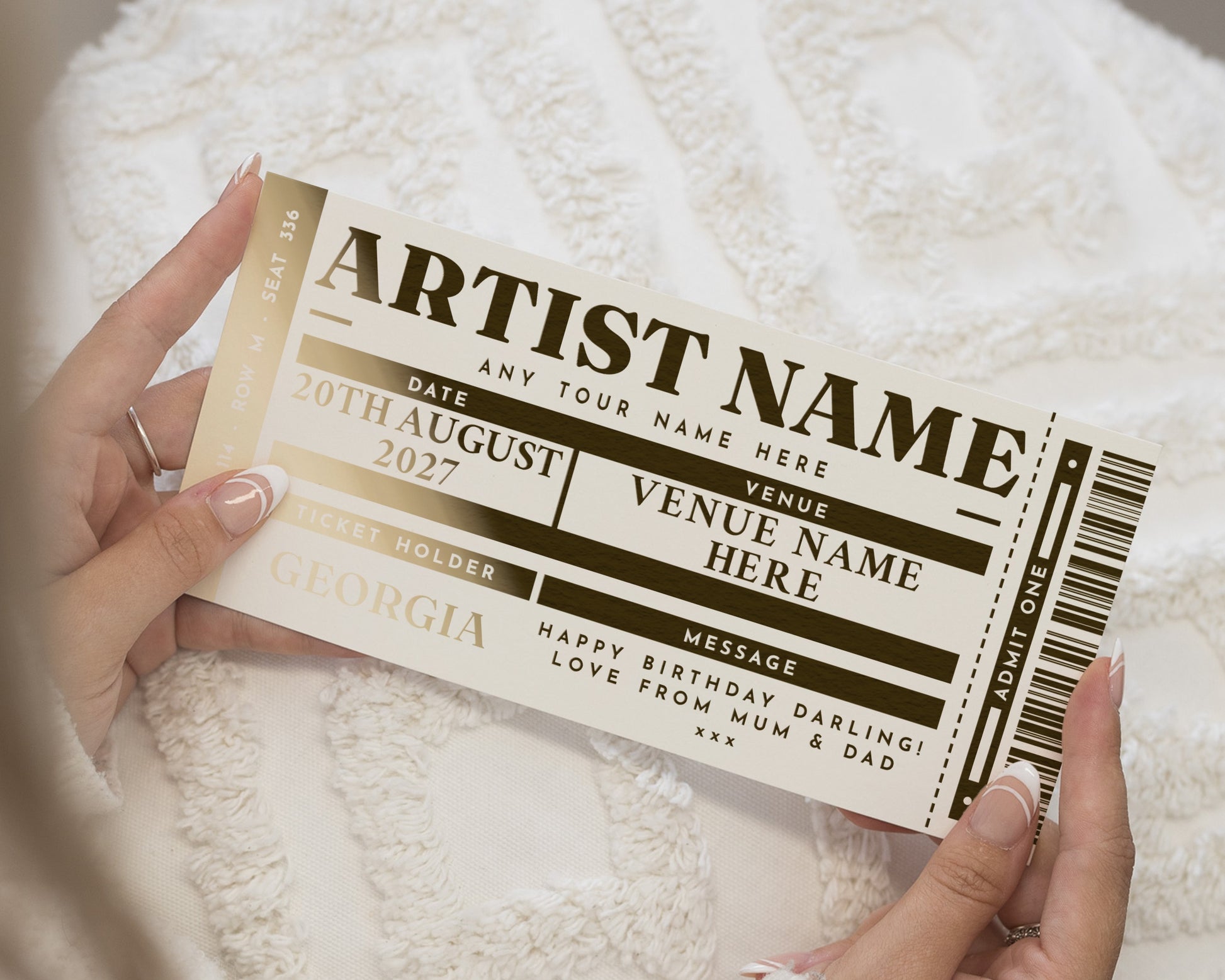 Personalised Concert Ticket Gift, Gold Foil Gift Voucher, Birthday Gift For Her, Custom Ticket, Music Experience Gift