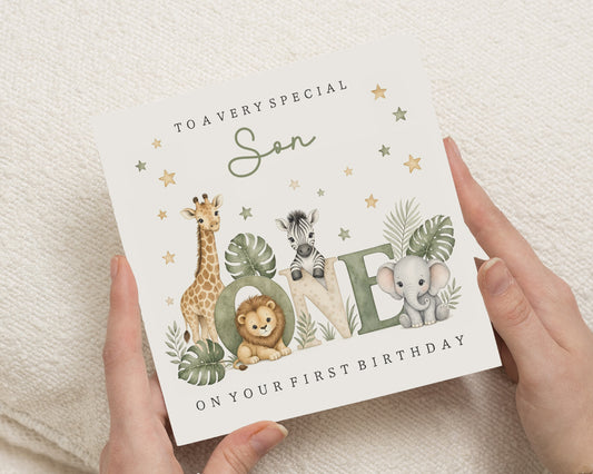 First Birthday Card for Son, 1st Birthday Card for Boy, Safari Birthday Card, Jungle Animals Birthday Card, Cute Personalised Birthday Card