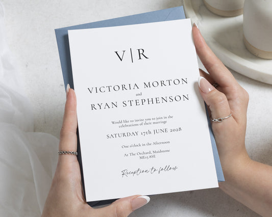 Dusty Blue Wedding Invitations, Minimal Monogram Wedding Invite, Elegant Typography Suite, Personalised Wedding Invitation, Classic Invites