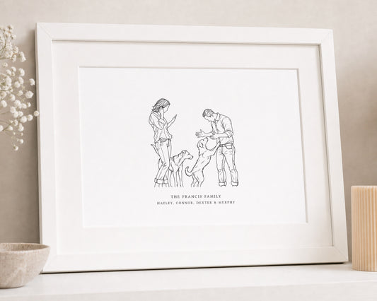 Personalised Family or Group Portrait from Your Photo, Custom Line Art Wall Art, Dog Family Gift, New Home Gift, White Frame With Mount