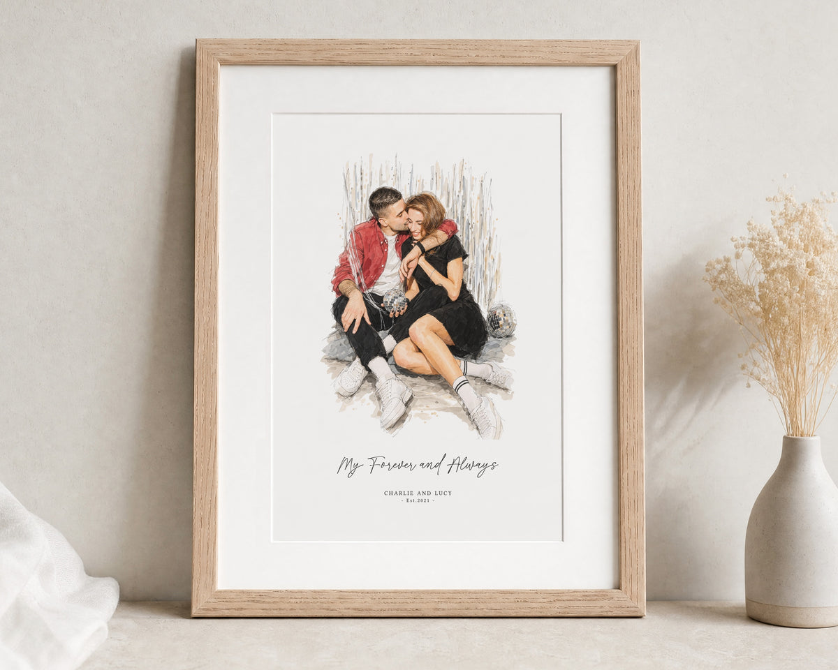 Personalised Couple Portrait Print, Custom Illustration Wall Art, Anniversary Gift, Wedding Gift, Oak Framed Print with Mount