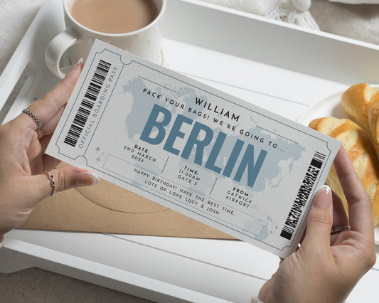 Personalised Birthday Gift Voucher, Berlin Trip Boarding Pass, Custom Holiday Reveal, Travel Gift for Him