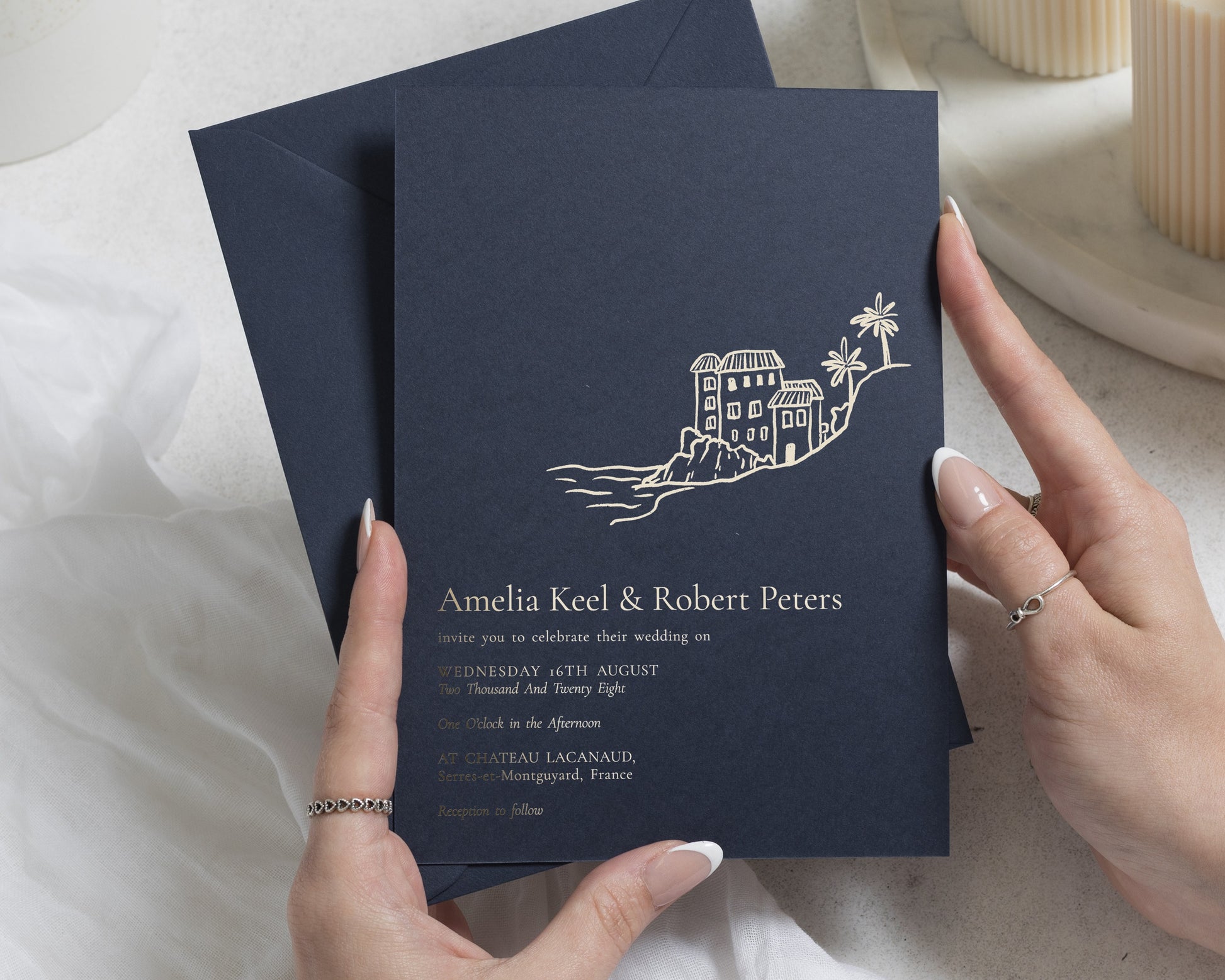Gold Foil Destination Wedding Invitations, Navy Blue Coastal Wedding Invite, Mediterranean Personalised Wedding Invitation