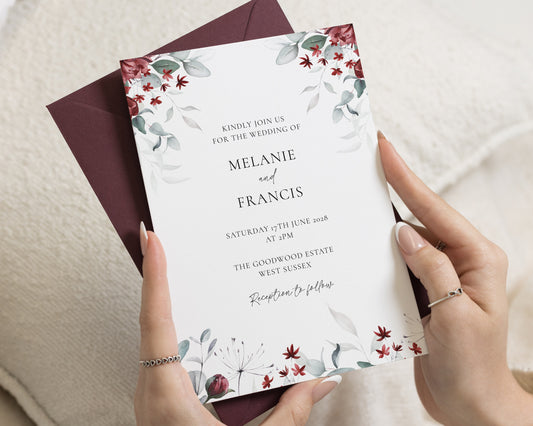 Burgundy Floral Wedding Invitations, Elegant Botanical Wedding Invite, Watercolour Greenery Invitation Suite, Personalised Wedding Invites