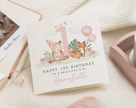 1st Birthday Card for Girl, Personalised First Birthday Card, Birthday Card for Daughter, Cute Animal Birthday Card, Woodland Birthday Card