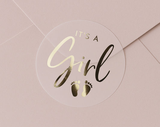 Its A Girl Sticker, Baby Shower Sticker, Gold Foil Baby Sticker, New Baby Girl Label, Baby Announcement Sticker, Baby Girl Party Decor