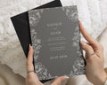 Charcoal Grey Floral Wedding Invitations with Black Envelopes, Botanical Wedding Invites, Elegant Monochrome Wedding Stationery