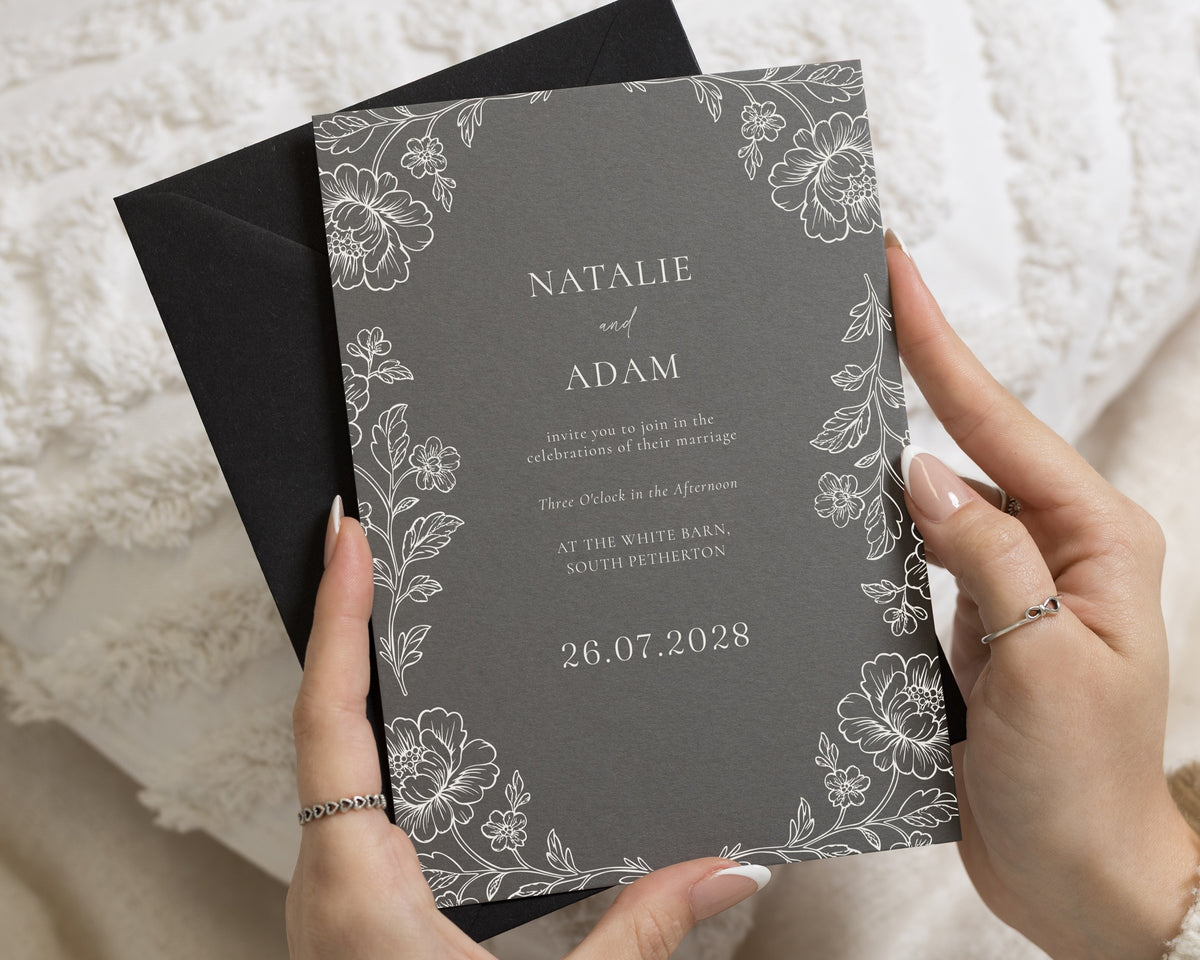 Charcoal Grey Floral Wedding Invitations with Black Envelopes, Botanical Wedding Invites, Elegant Monochrome Wedding Stationery