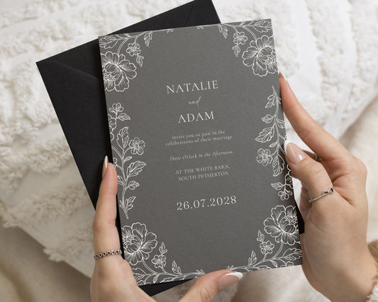 Charcoal Grey Floral Wedding Invitations with Black Envelopes, Botanical Wedding Invites, Elegant Monochrome Wedding Stationery