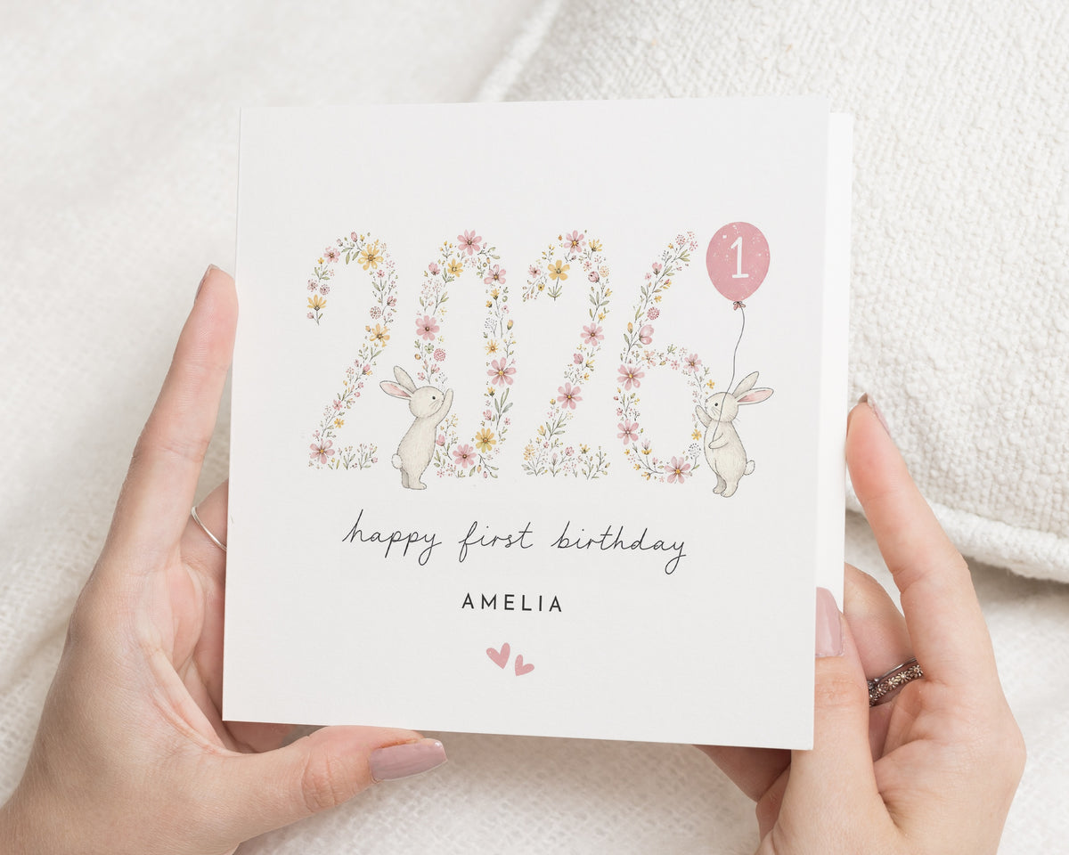 Personalised 1st Birthday Card, First Birthday Card for Girl, Daughter Birthday Card, Granddaughter Birthday Card, Bunny Card, Niece Card