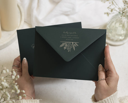 Woodland Forest Green Envelopes with White Ink Guest or Return Address Printing, C6, 5x7 or C5 Wedding Invitation Envelopes (Fir)