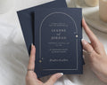 Gold Foil Wedding Invitations, Navy Blue Wedding Invite, Elegant Arch Border Invitation, Classic Personalised Wedding Stationery