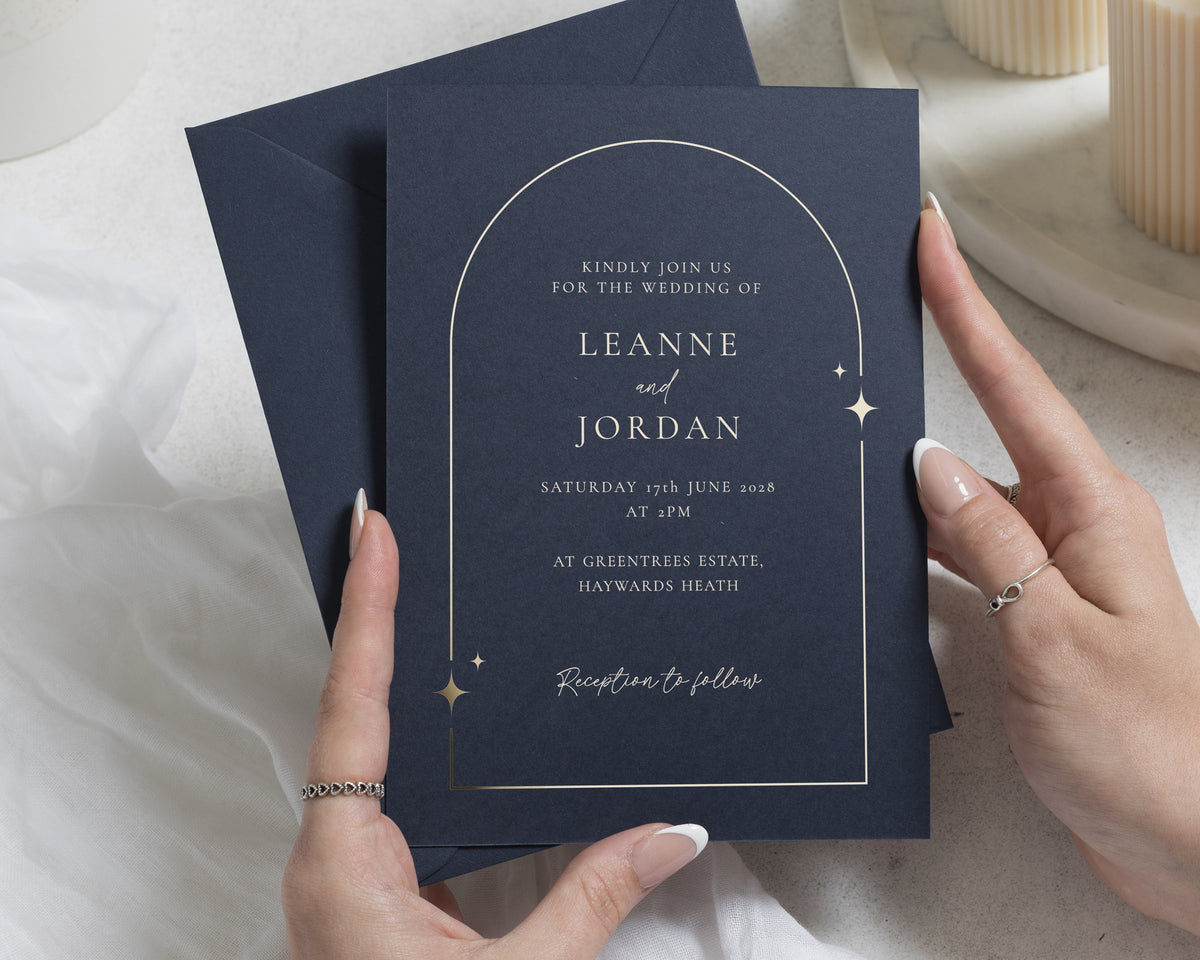 Gold Foil Wedding Invitations, Navy Blue Wedding Invite, Elegant Arch Border Invitation, Classic Personalised Wedding Stationery