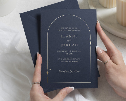 Gold Foil Wedding Invitations, Navy Blue Wedding Invite, Elegant Arch Border Invitation, Classic Personalised Wedding Stationery