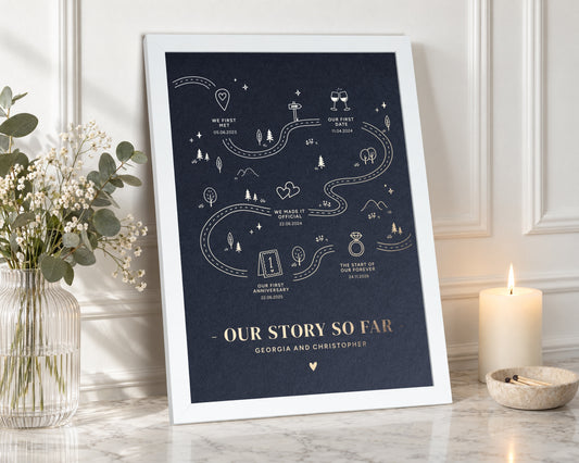 Personalised Gold Foil Our Story So Far Print, Navy Blue Couple Wall Art, Anniversary Gift, Wedding Gift for Couple, Engagement Gift