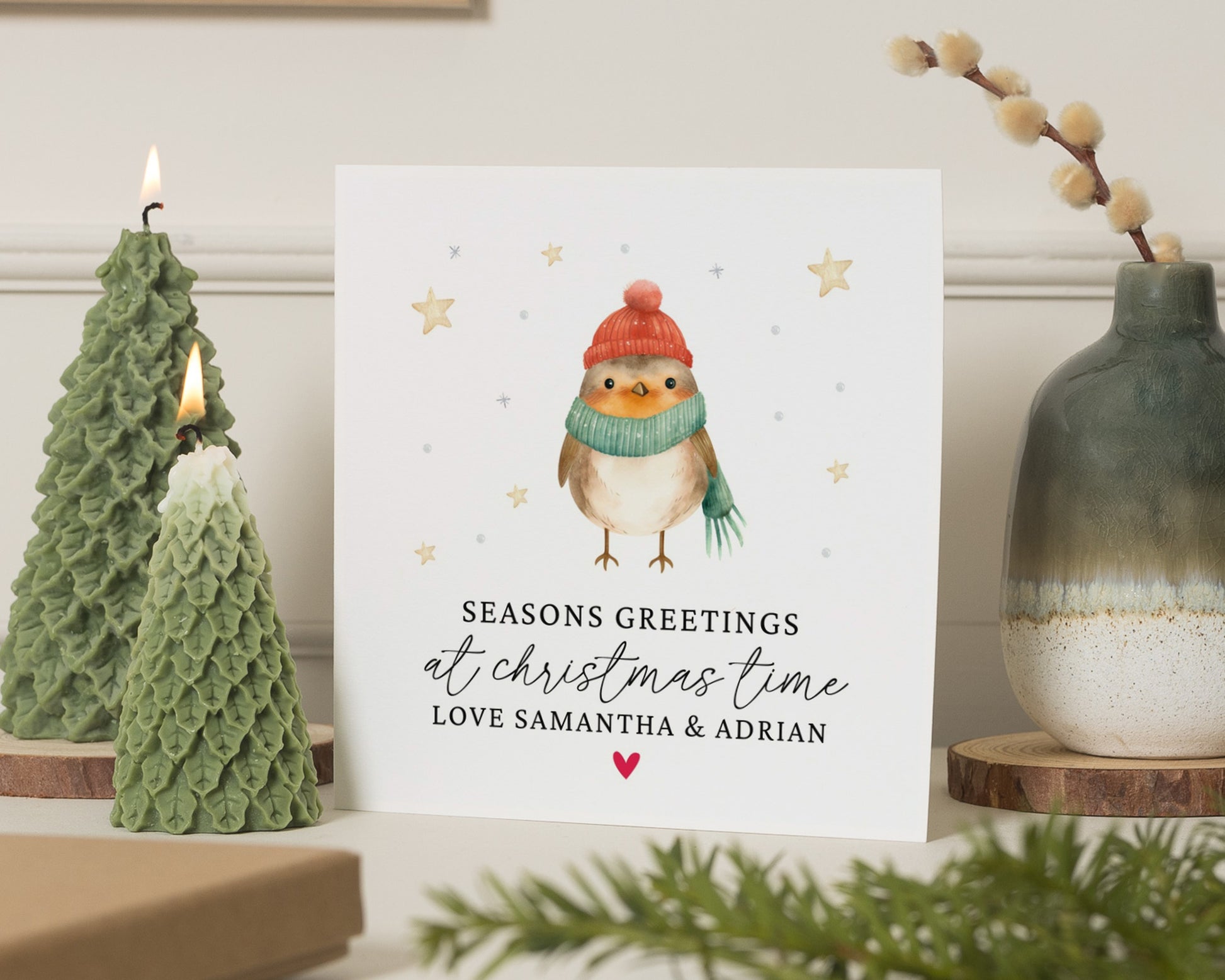 Personalised Christmas Card, Square Christmas Card, Cute Robin Card, Custom Name Christmas Card, Pack of 10, 20, 50 or 100