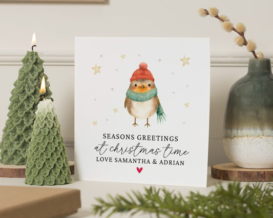 Personalised Christmas Card, Square Christmas Card, Cute Robin Card, Custom Name Christmas Card, Pack of 10, 20, 50 or 100
