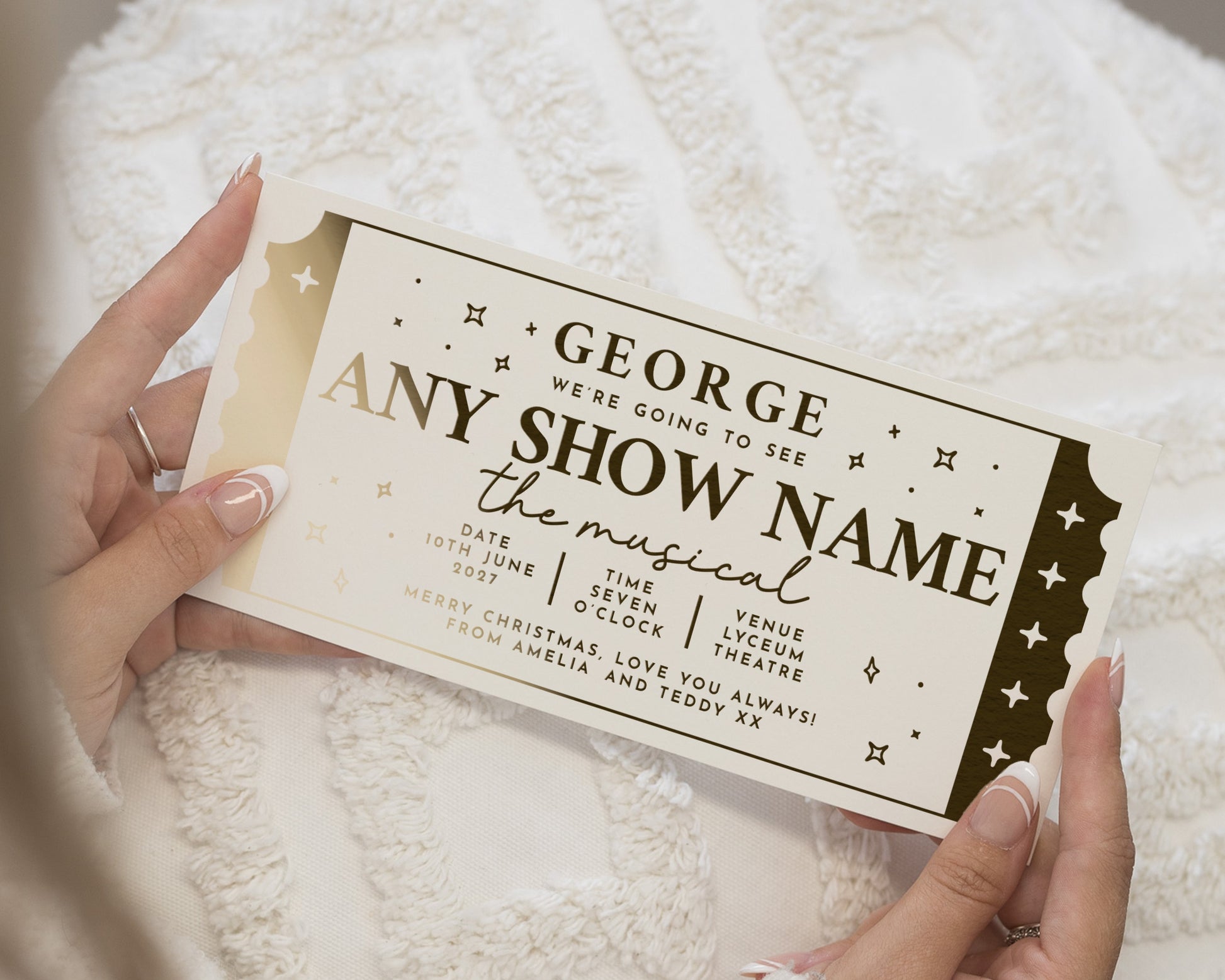 Personalised Theatre Ticket Gift, Gold Foil Show Voucher, Scratch To Reveal, Custom Musical Gift For Him Or Her