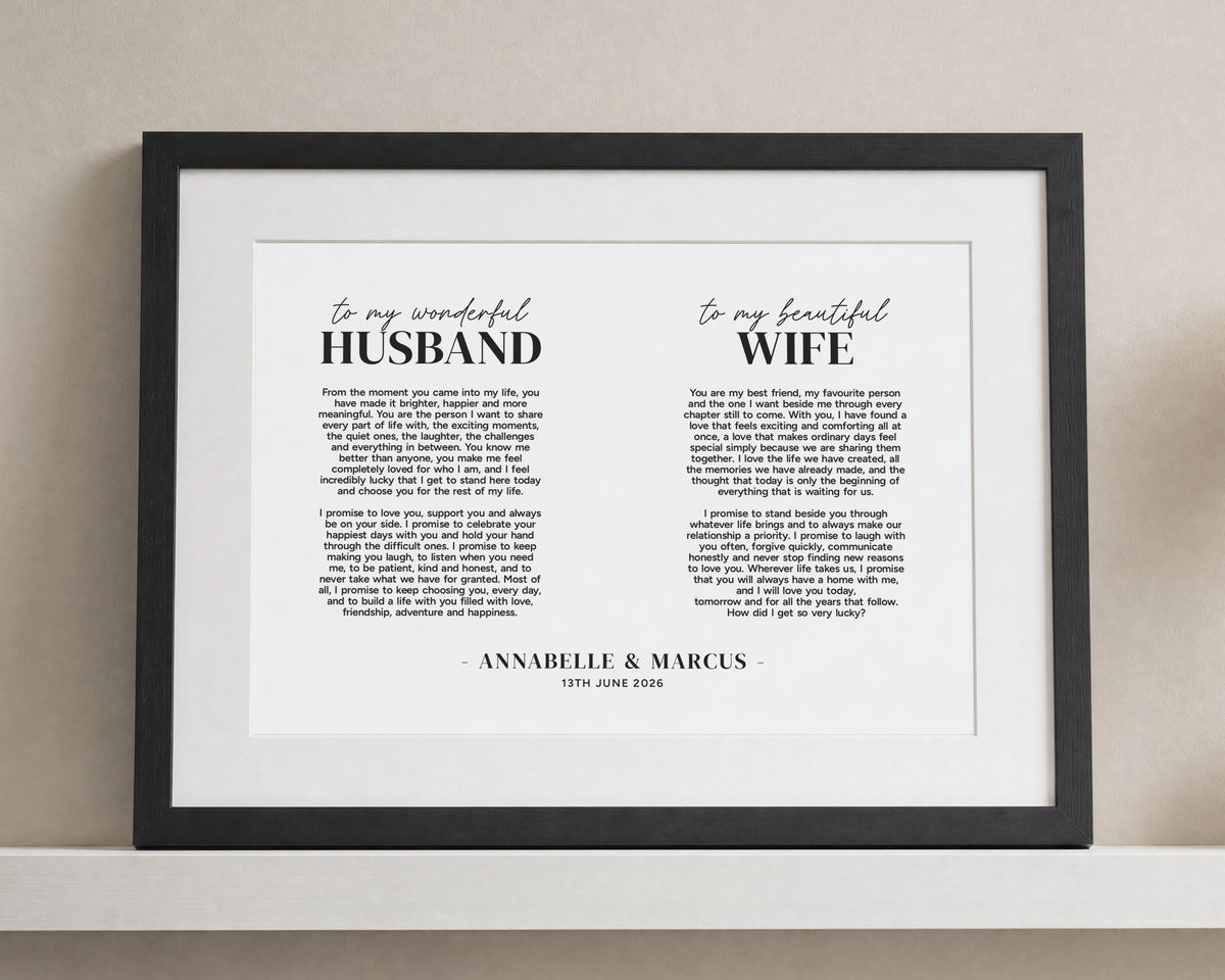 Personalised Wedding Vow Print, Husband and Wife White Wall Art, Anniversary Gift, Gift for Couple, Landscape Black Framed Print